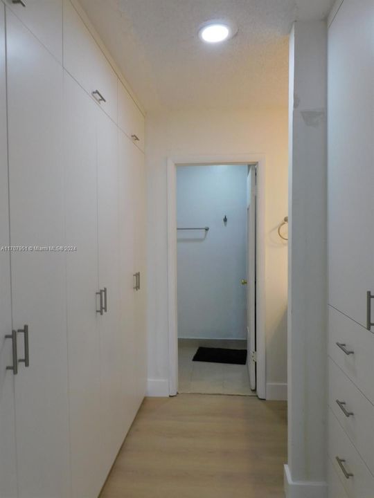 Primary bedroom hallway with custom made closets.