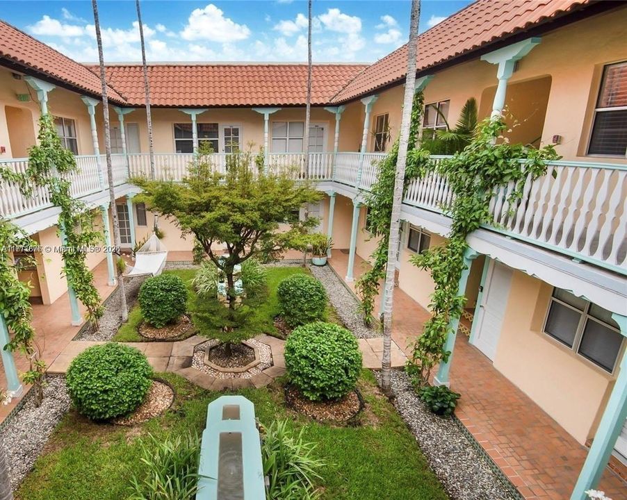 Interior courtyard with Zen fountain and flowers