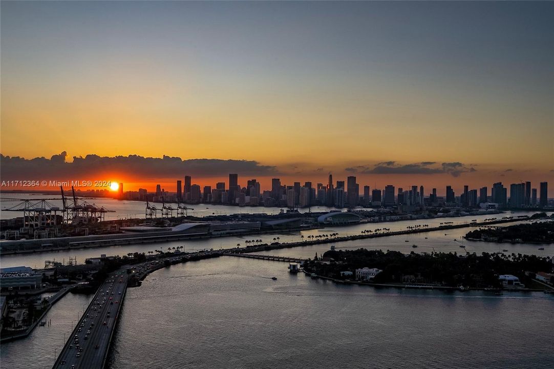 Sunset view of Biscayne Bay and Miami skyline