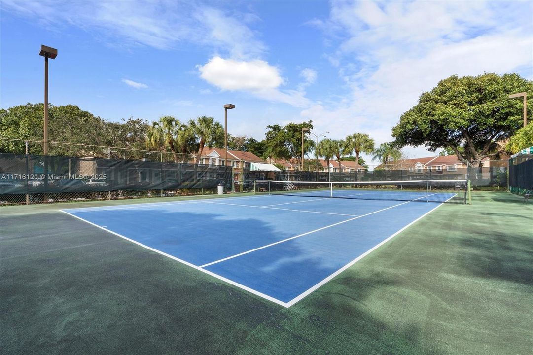 Community tennis courts with lighting for play after dark.