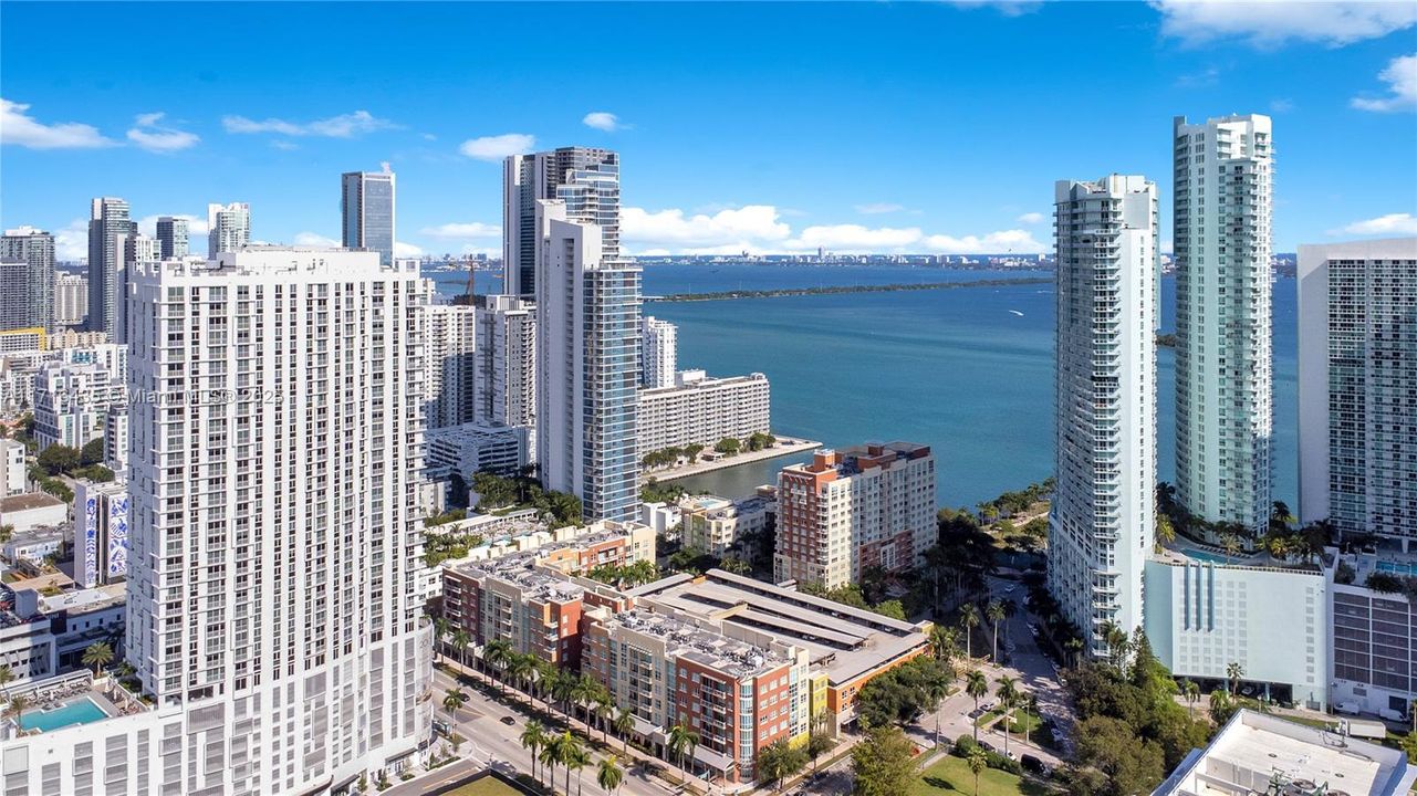 Building across of waterfront Park and Biscayne Bay relaxing back yard