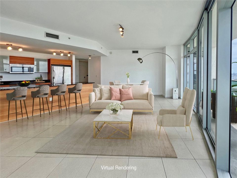 Kitchen opens to living/dining area