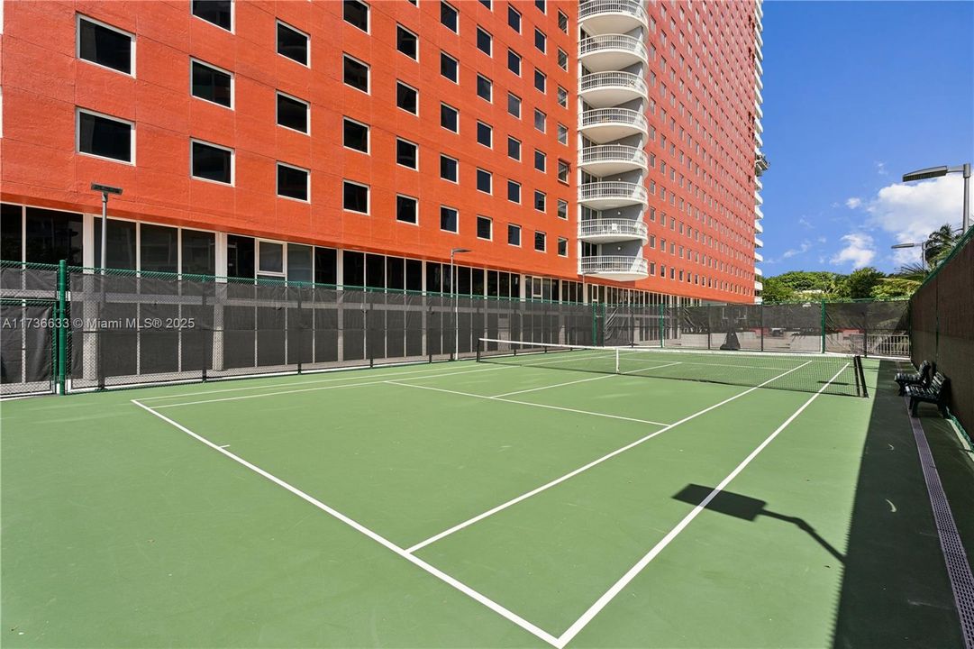 Tennis court with lights