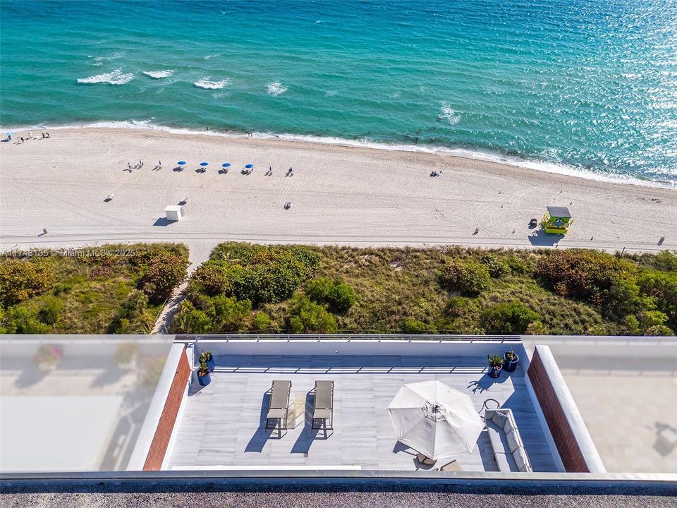 Aerial of 1100sf Terrace, showing Beach Access, Beach Service & Ocean