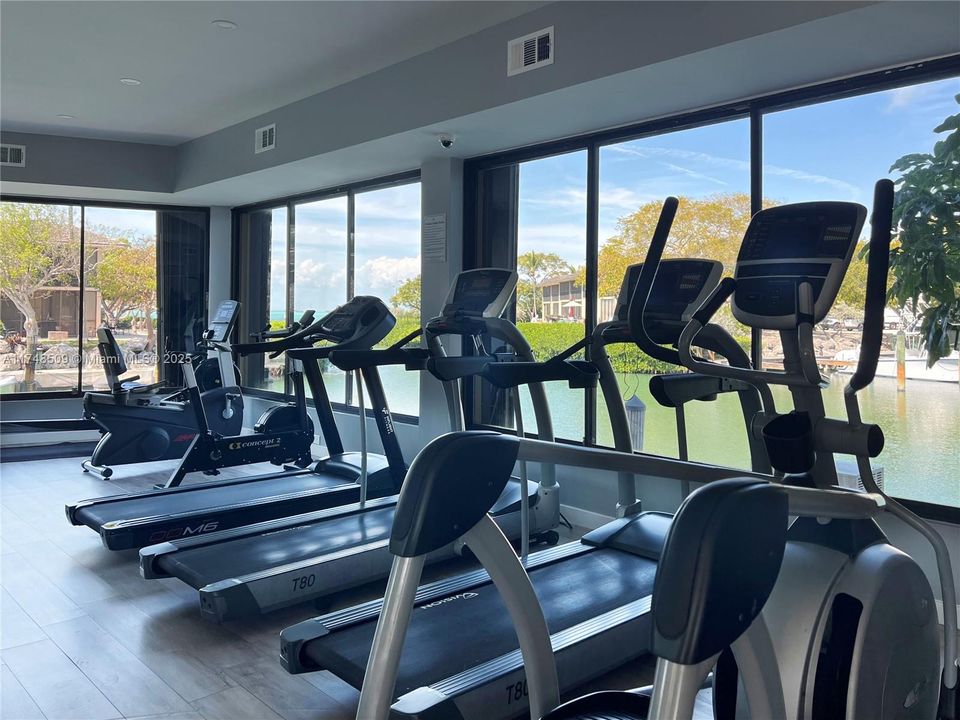 Gym with water views