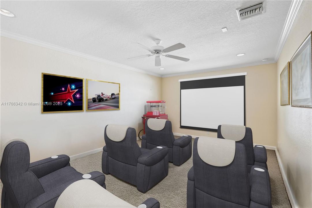 This bedroom was virtually staged to show a theater