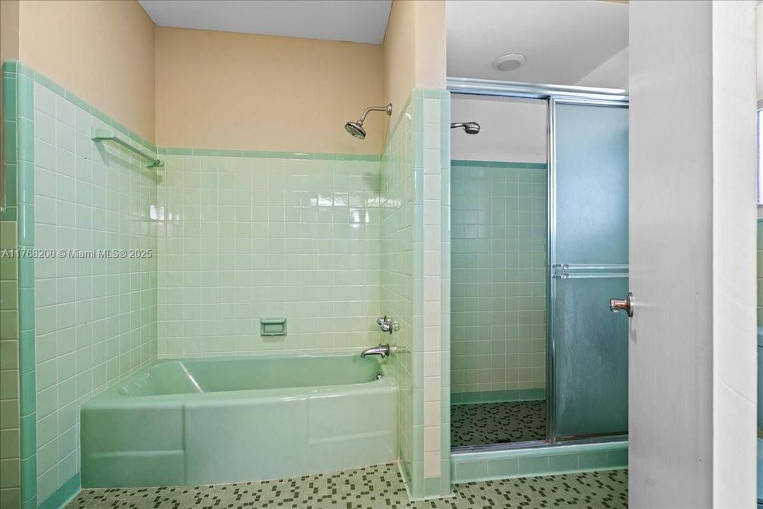 Vintage guest bath with pool access