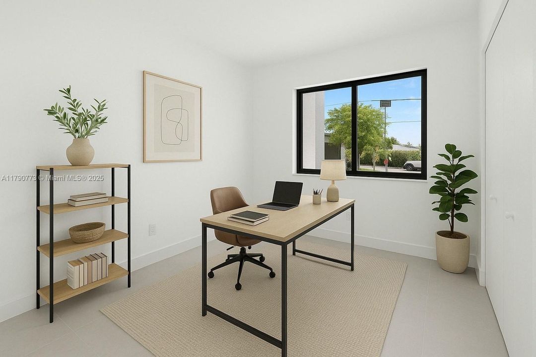 Staged as a stylish home office, this bedroom offers flexible space ideal for work, guests, or personalized use.