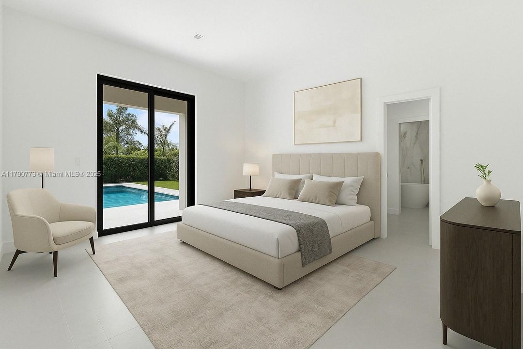 Staged in sleek modern contemporary style, the primary bedroom offers direct access to the pool area, creating a perfect harmony between indoor comfort and outdoor living.
