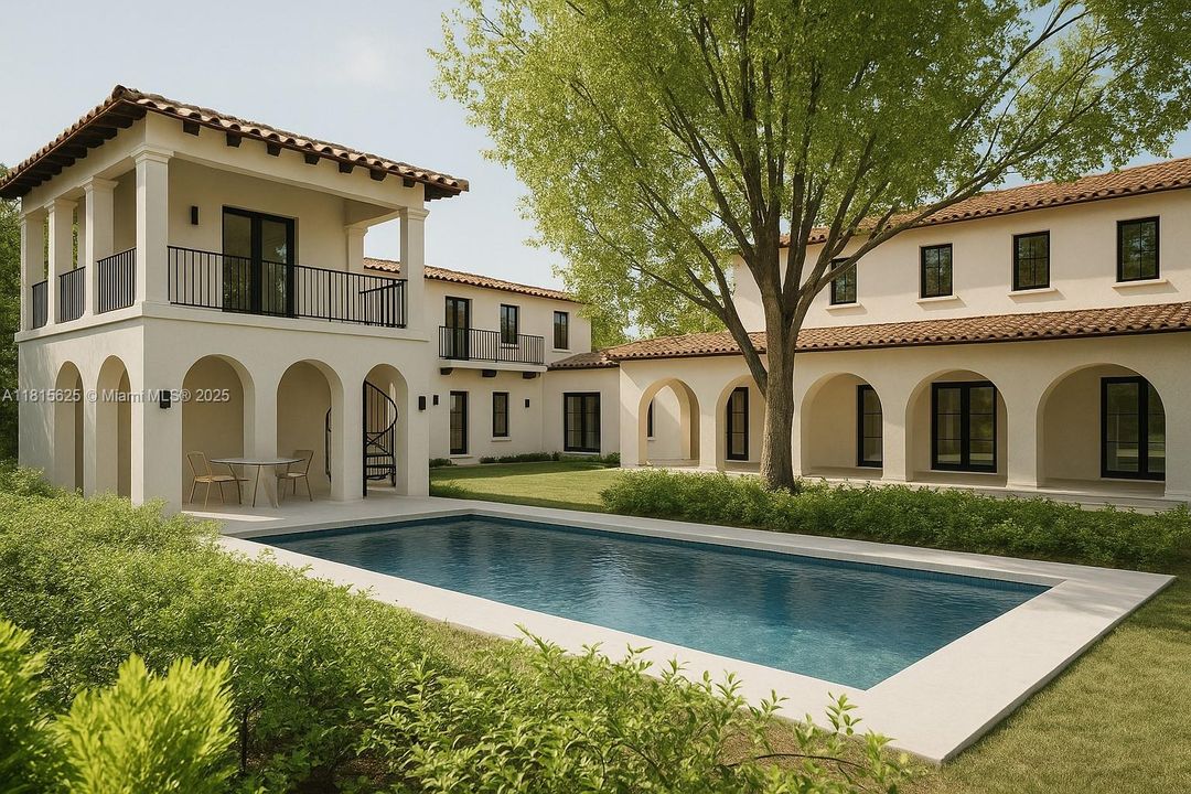 A digital rendering that reimagines the existing home in all her original glamour—enhanced with a new pool and thoughtfully designed pool house for modern resort-style living