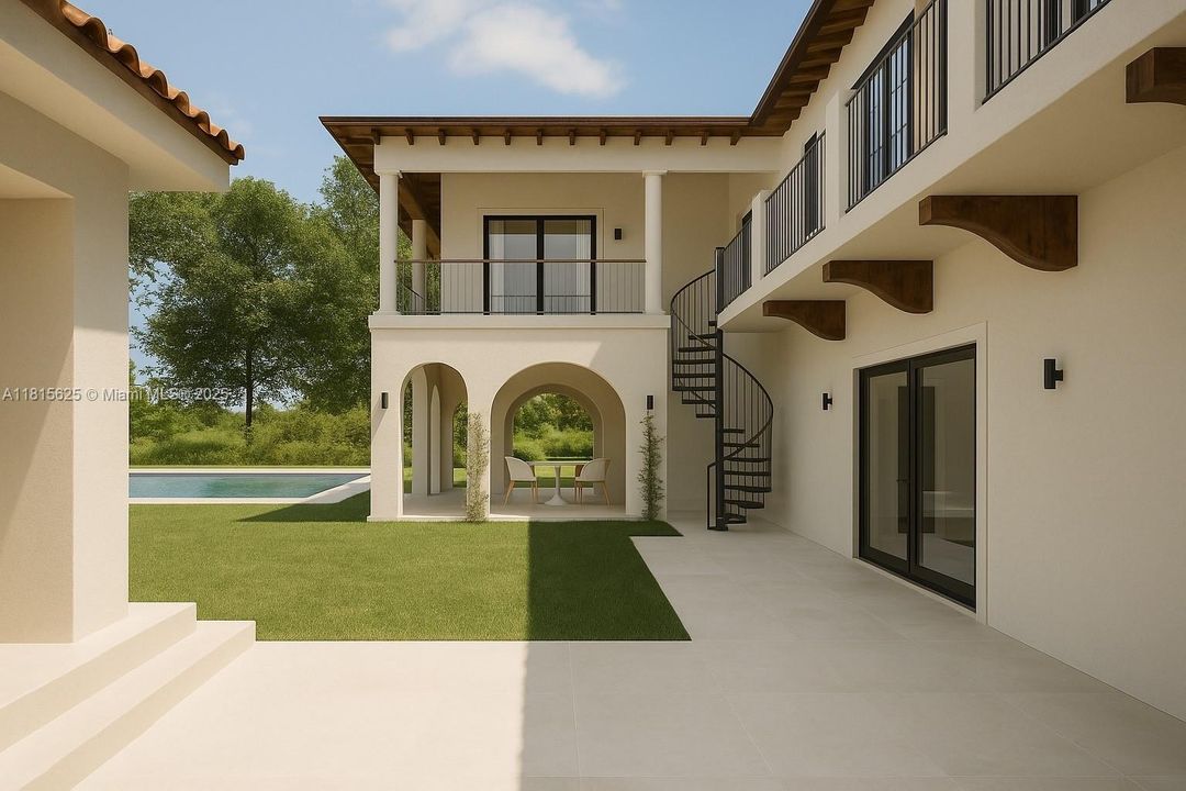 A digital rendering that reimagines the existing home in all her original glamour—enhanced with a new pool and thoughtfully designed pool house for modern resort-style living