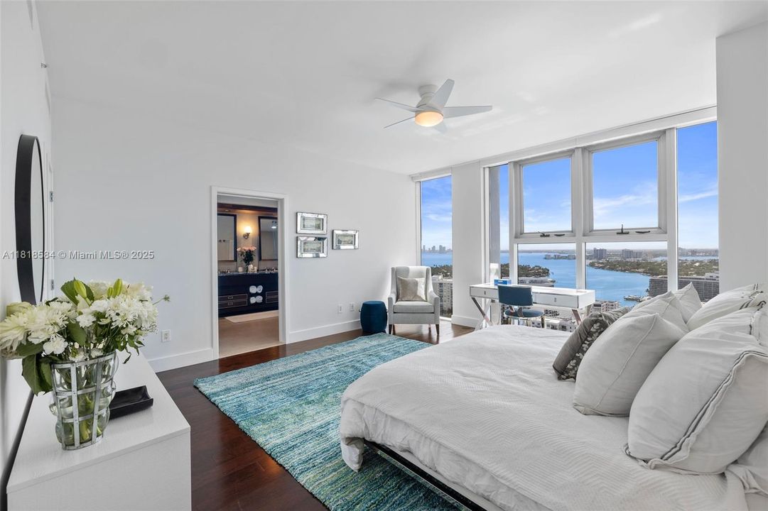 Primary bedroom has view of the bay and the city skyline. The sunsets are a bonus. The closet is full sized and has custom cabinets.