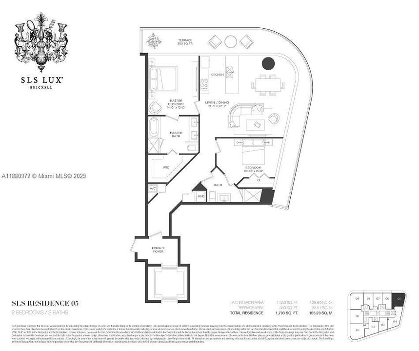 Developer floor plan 1,353 sf AC interior area + 350 sf terrace area