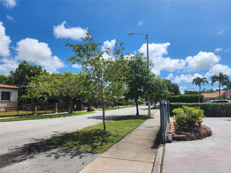 Front of property view, inviting sidewalks treelined streets, electric gates.