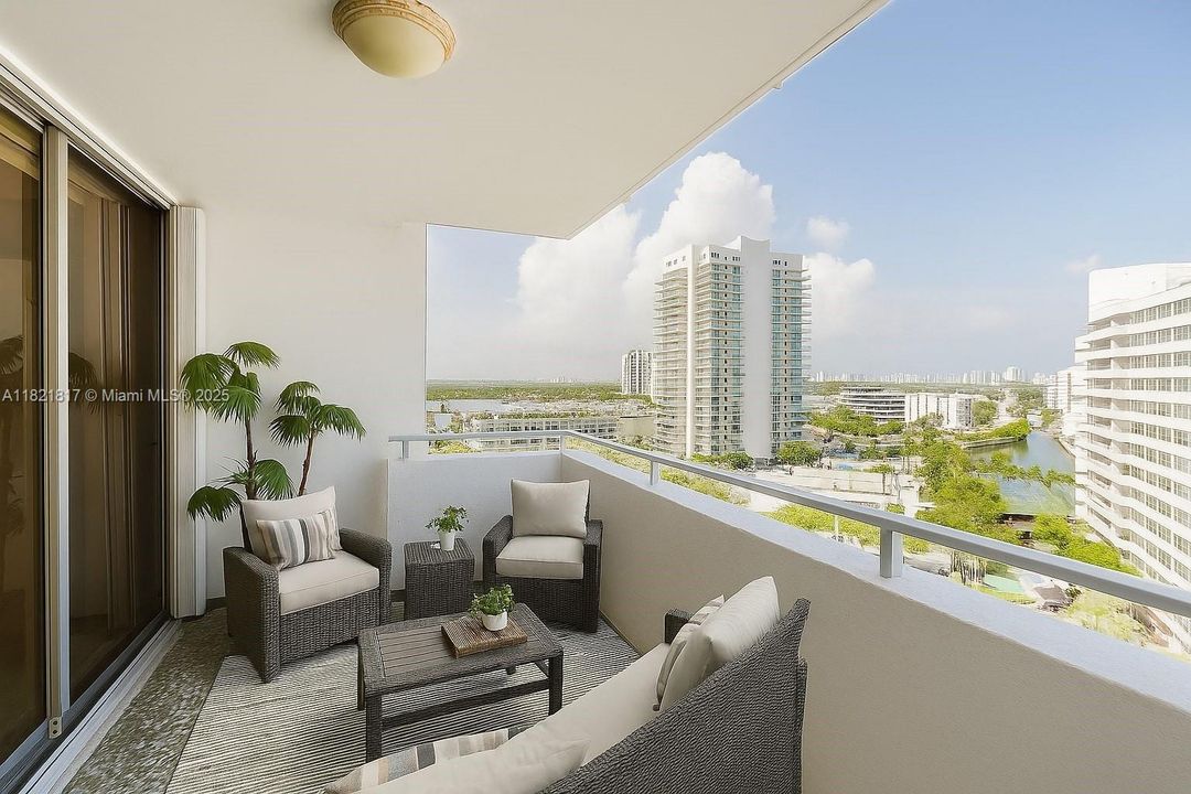 Private balcony overlooking Biscayne Bay and the Miami skyline — perfect for sunset views and outdoor relaxation.