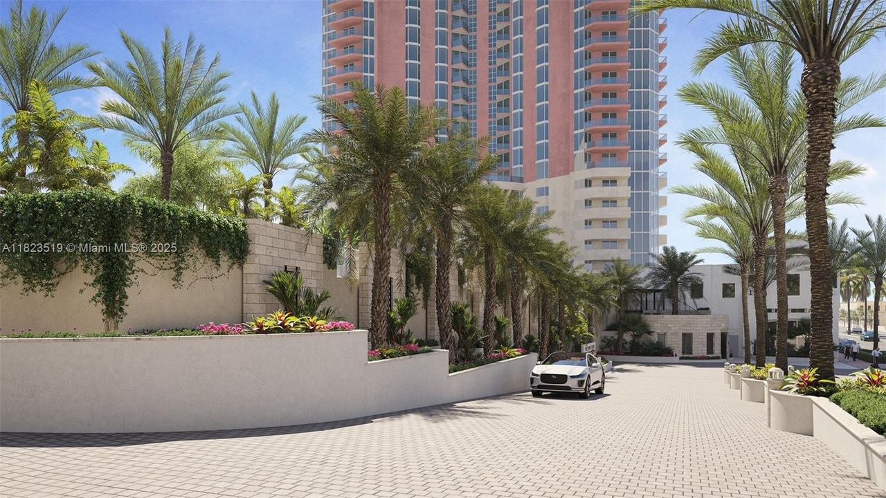 Rendering of driveway approach to security gate.  construction currently in progress.  Completion by Fall.