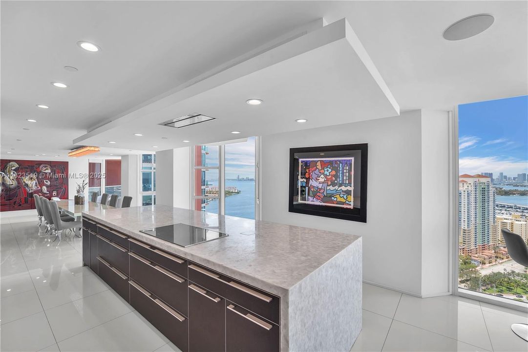Massive kitchen island of semi-precious stone. Island dimensions:  15 x 4.5 (67 sq ft island).  Kitchen dimensions (apprx 450 sq ft):  30' long and 12' to wall or 15' width to bay windows. Recessed speakers in ceiling.  Balcony facing North adjoining.