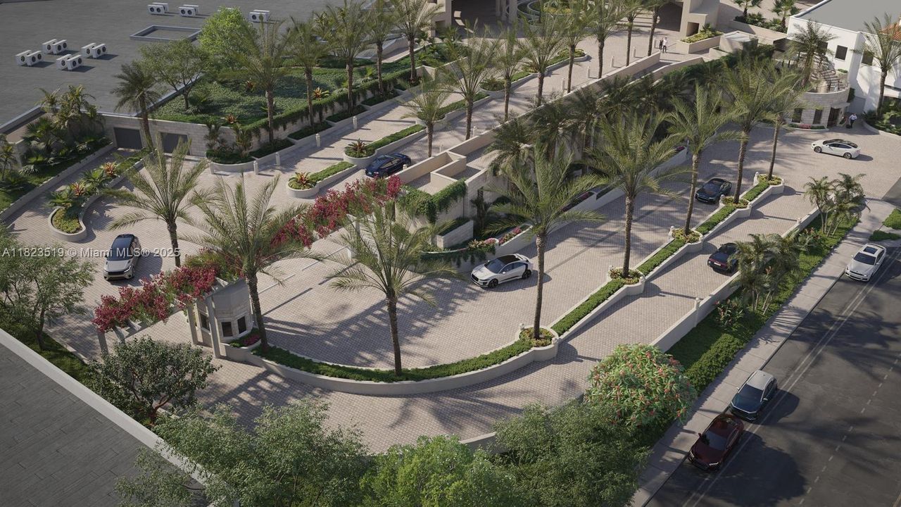 Rendering of aerial view of new driveway approach to security gate and valet area.