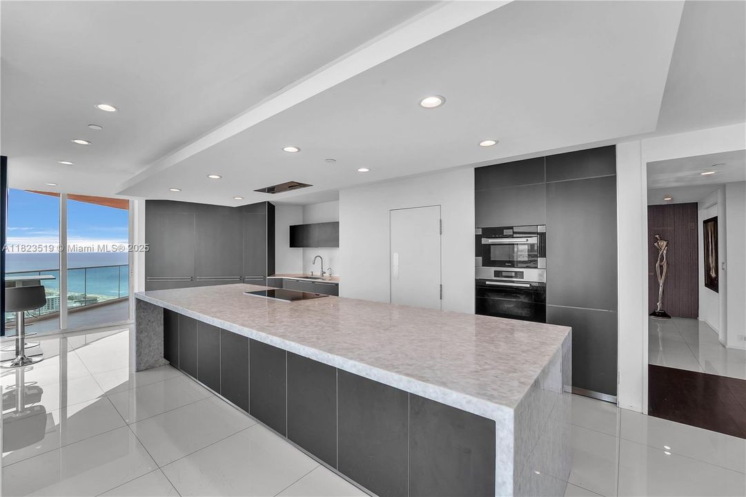 Bulthaup cabinetry houses all cooking appliances and kitchenware.  Massive storage space underneath island on both sides. Recessed electric pop ups on island surface.  Can seat 6 to 9 people on barstools along island.