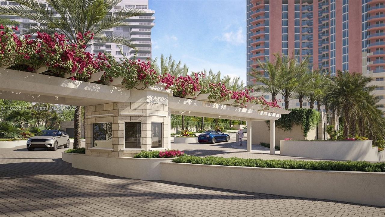 Rendering of new security guard entry way into the community valet circle.  Construction in progress expected to be finished by Fall.