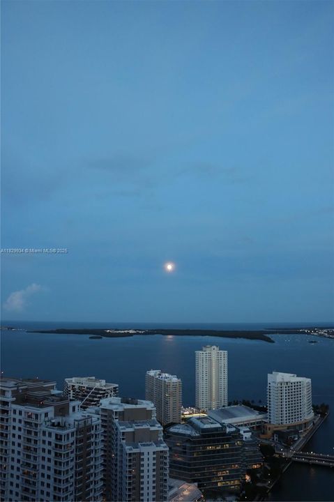 Elevated views showcase the shimmering moonrise over Biscayne Bay — a tranquil nighttime panorama framed by the city lights.