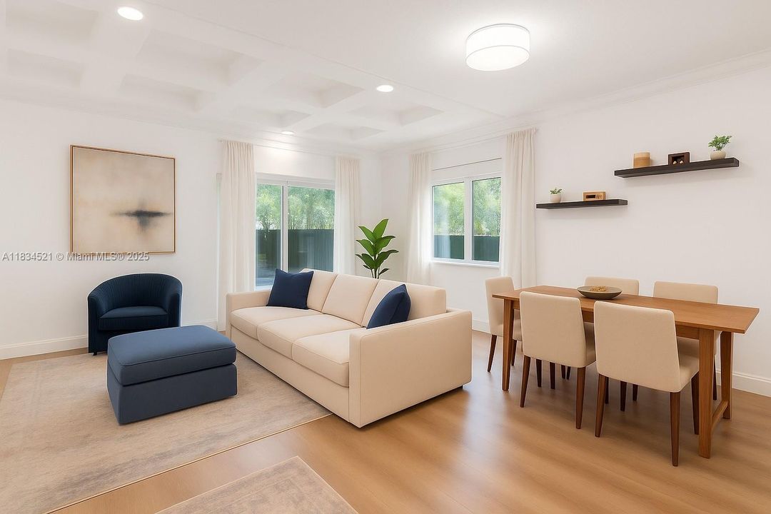 Virtually staged living/dining room shows use of the space