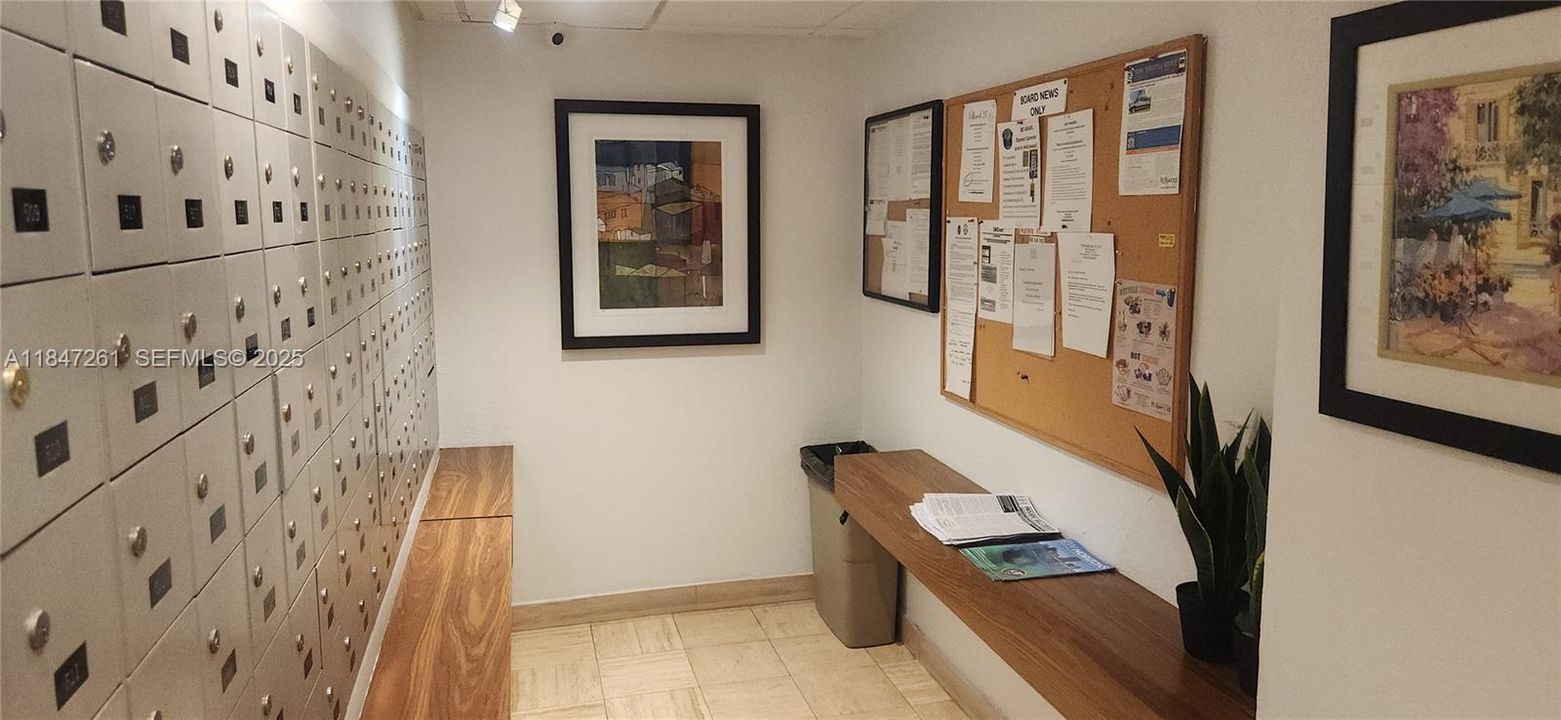 inside the building lobby floor mail room and community board