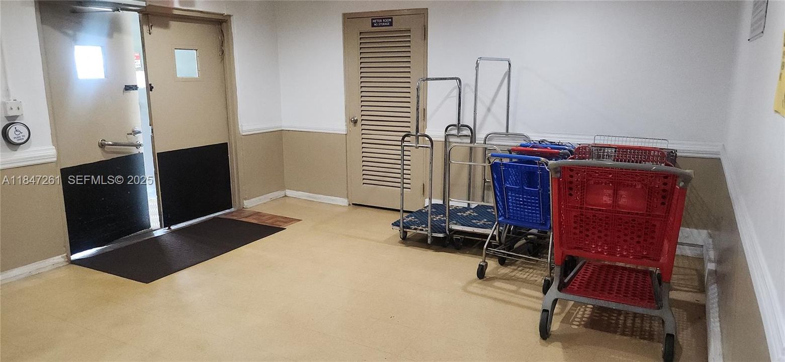 service area with carts to bring groceries etc. in too