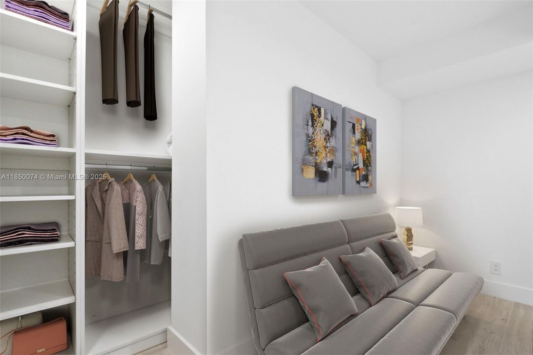 Oversized walk-in closet with versatility for nursery, den, or home office.