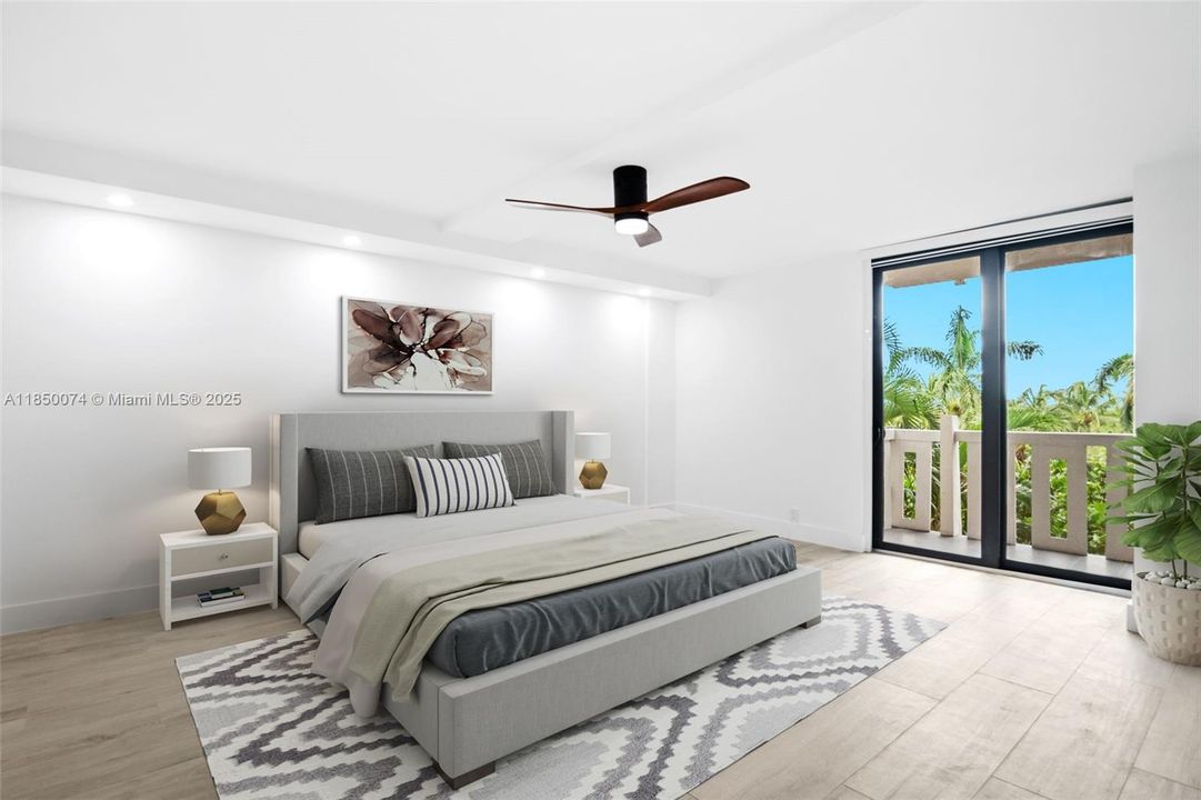 Luxurious master suite features balcony access.