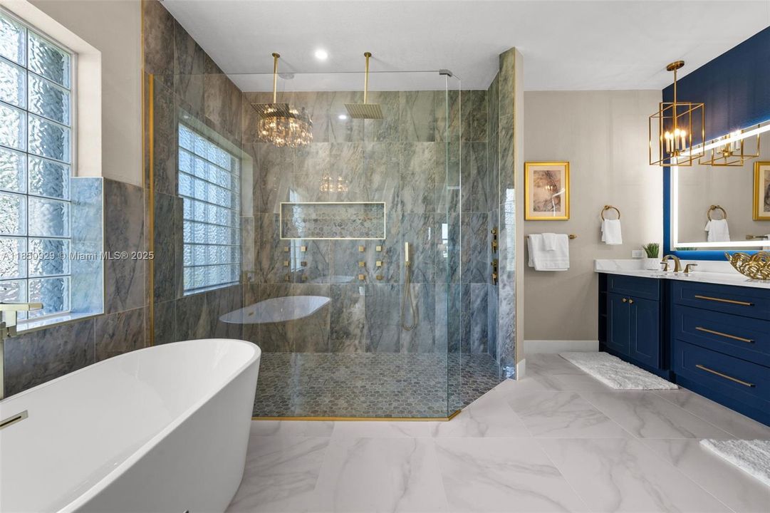 Primary Bathroom, vanity with dual sink, huge shower and seperate soaking tub