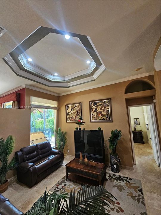Formal living room with tray ceiling