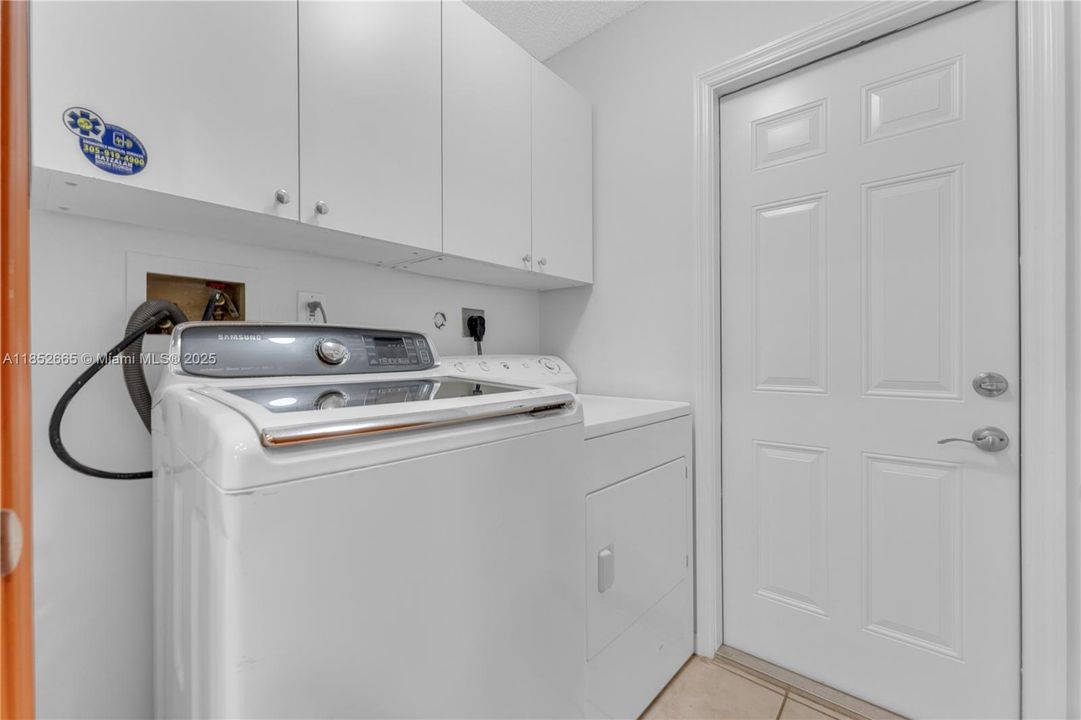 The laundry room is located between the 2 car garage and the kitchen.