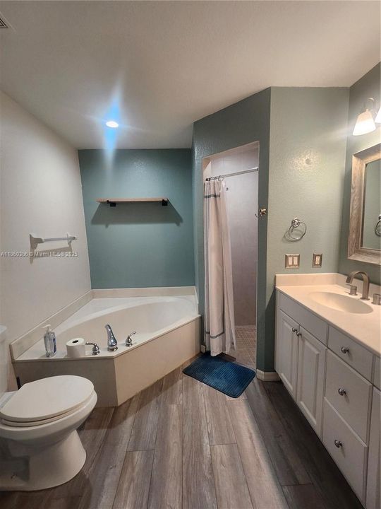 Spacious primary bathroom with Roman style tub, walk-in shower and double vanities.