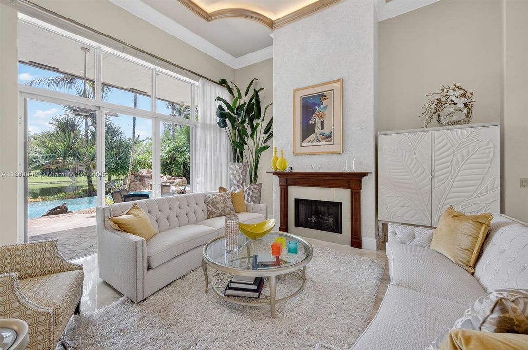 Expansive living area with coffered ceilings, crown molding, and designer details throughout.
