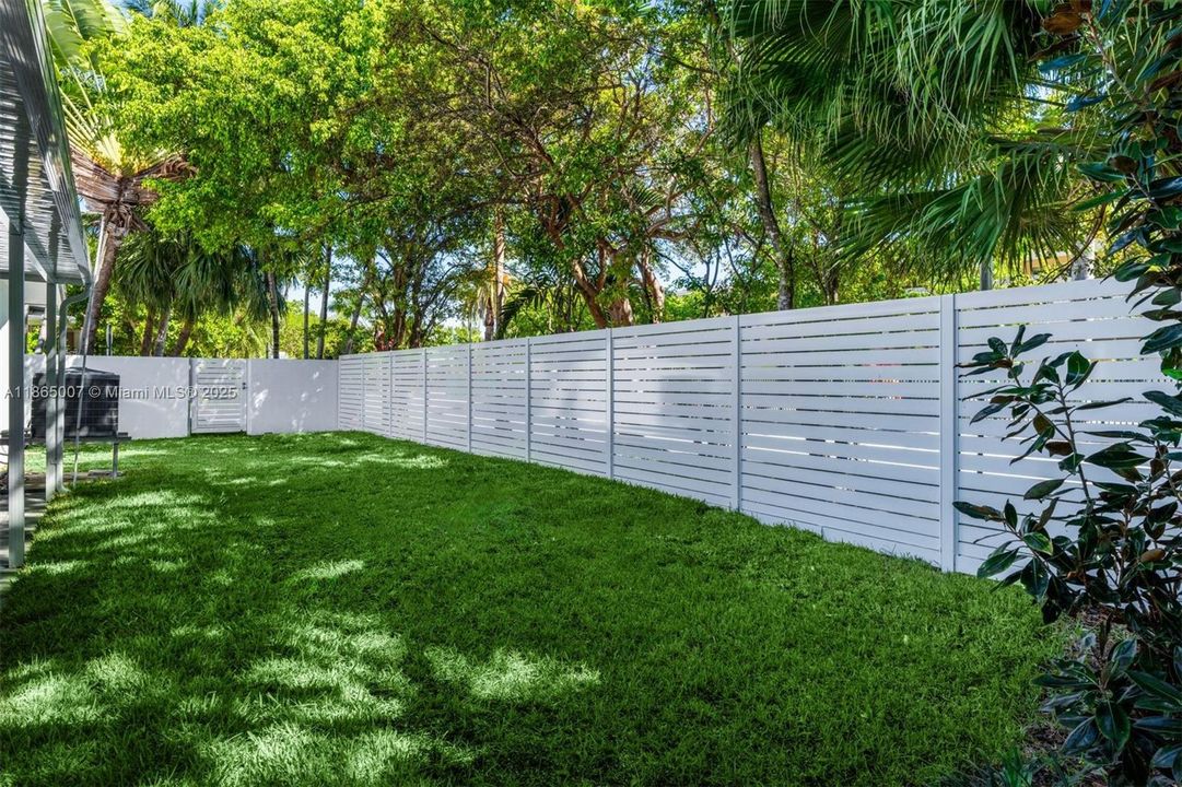 Backyard with grassy lawn.