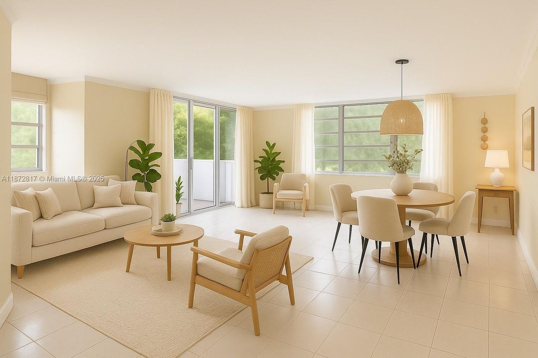 Staged photo of the living room and dining. Tons of natural light