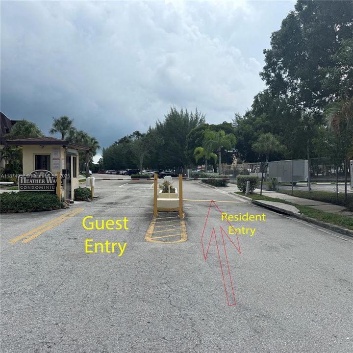 Secure community entry with intercom access for residents and guests.