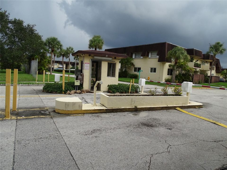 Secure community entry with intercom access for residents and guests.