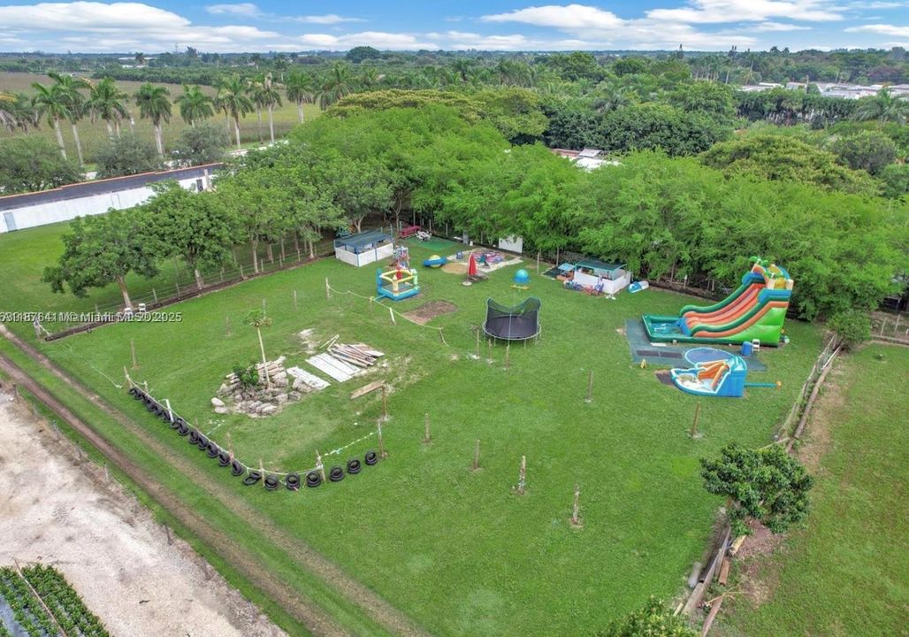 Drone footage of play area. Potentilal water park.