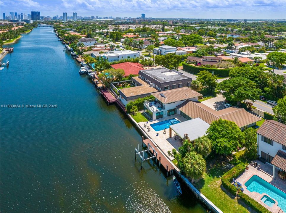 High aerial perspective of the interconnected waterfront community.
