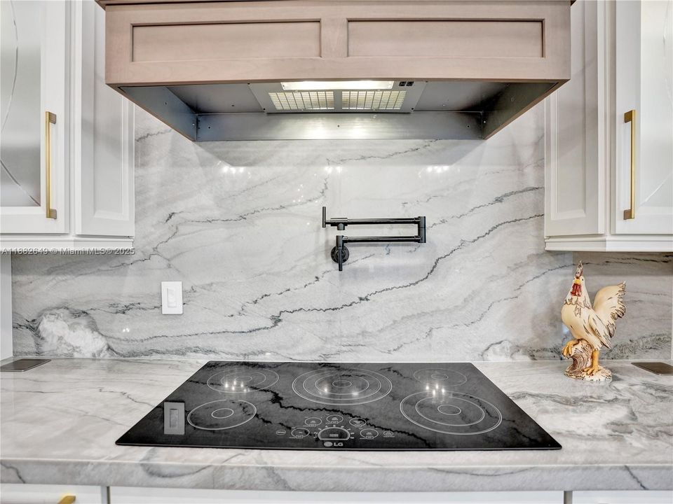 Flush built in LG stove top, convenient pot filler, and large range hood