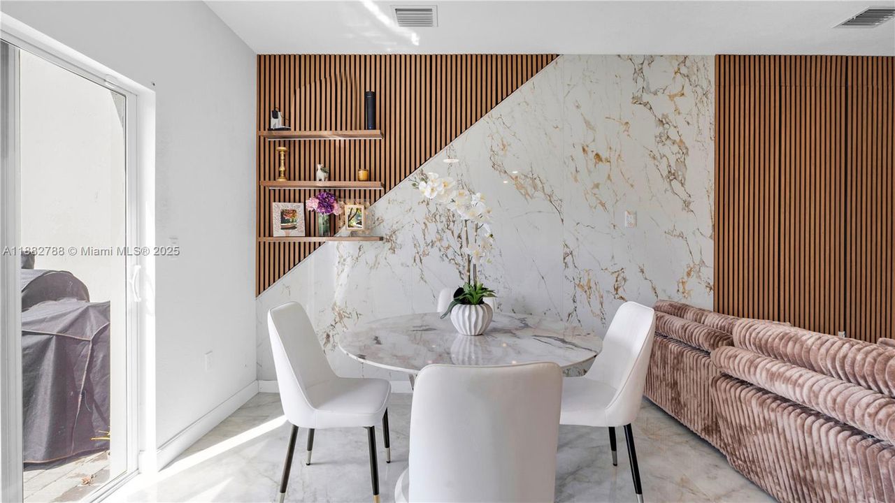 Upgraded porcelain tile flooring & LED-lit porcelain accent wall