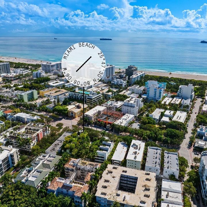 Aerial photo showcasing prime South of Fifth location near beaches, restaurants, and Marina Park — walkable Miami Beach lifestyle.