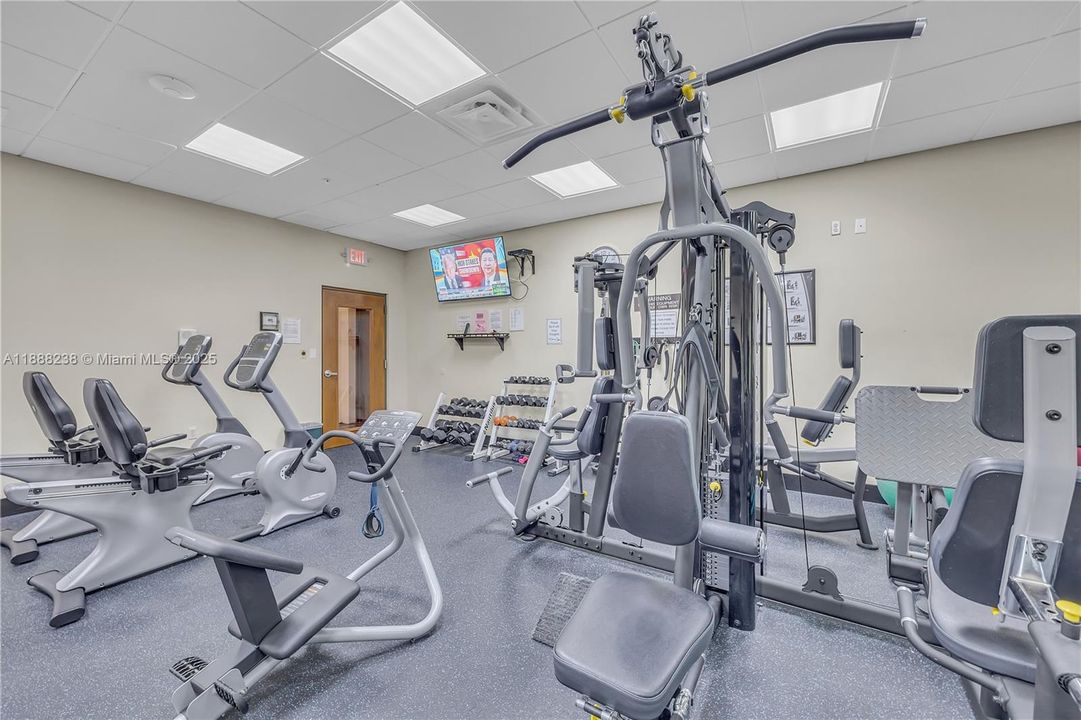 Besides stationary bikes, the gym also includes an all in one workout station!