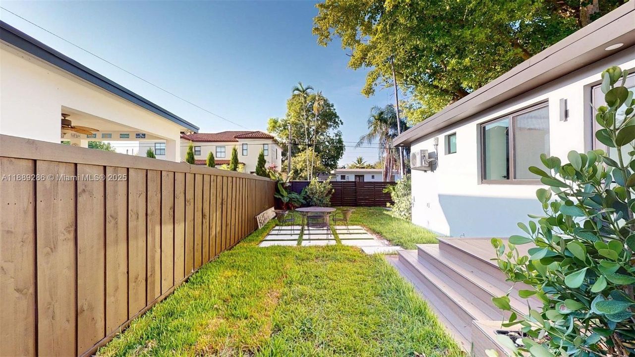 Private Yard of 2nd Bedroom with private entrance (to the right of the picture), yard and bathroom.