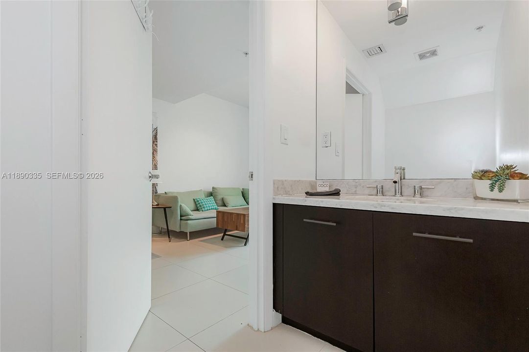 View from guest bathroom to living room