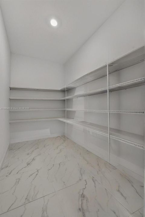 Huge walk-in pantry with floor-to-ceiling shelving and tile floors — tons of storage for Costco runs, appliances, snacks, all of it.