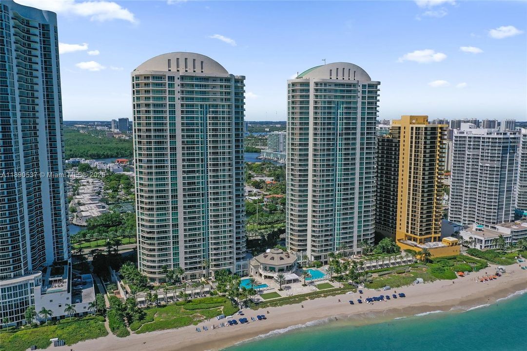 The 2 buildings of Turnberry Ocean Colony overlooking the beach/ocean.