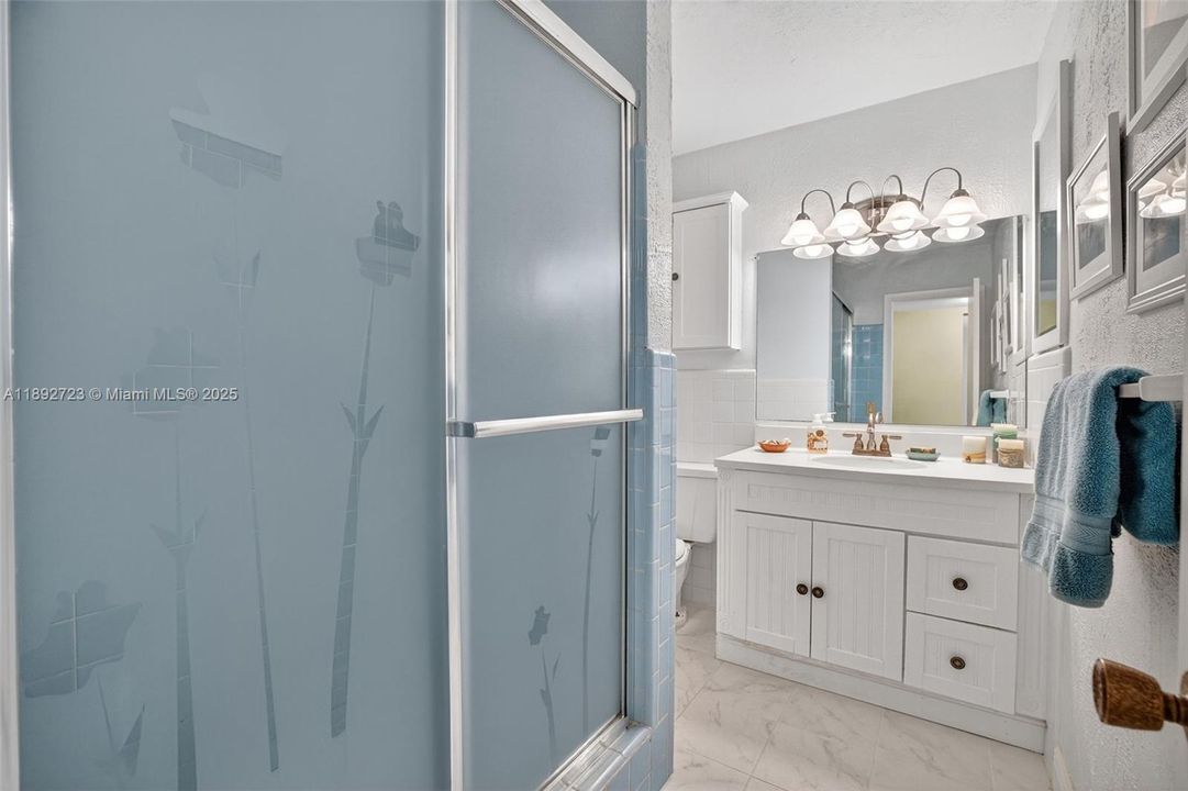 Full Guest Bathroom w/ walk in shower and updated flooring, vanity, lighting and storage cabinet